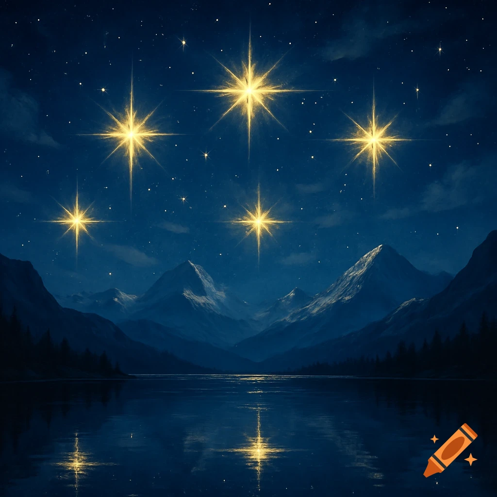 Night landscape with snow-capped mountains, a calm lake, and five glowing stars reflecting in the water.