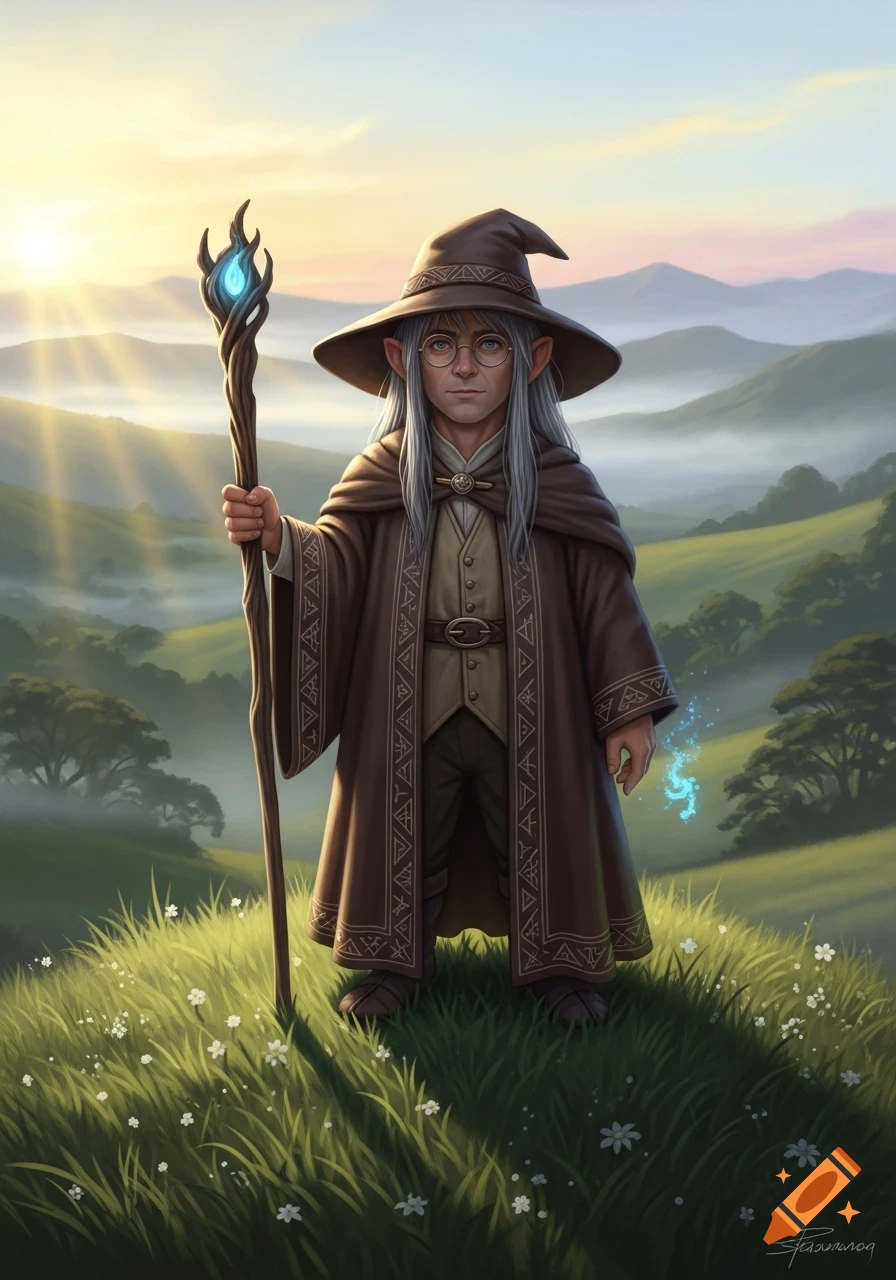 A male halfling wizard in a brown robe and wide-brimmed hat, holding a glowing staff, stands in a grassy field with mountains in the background at sunrise.