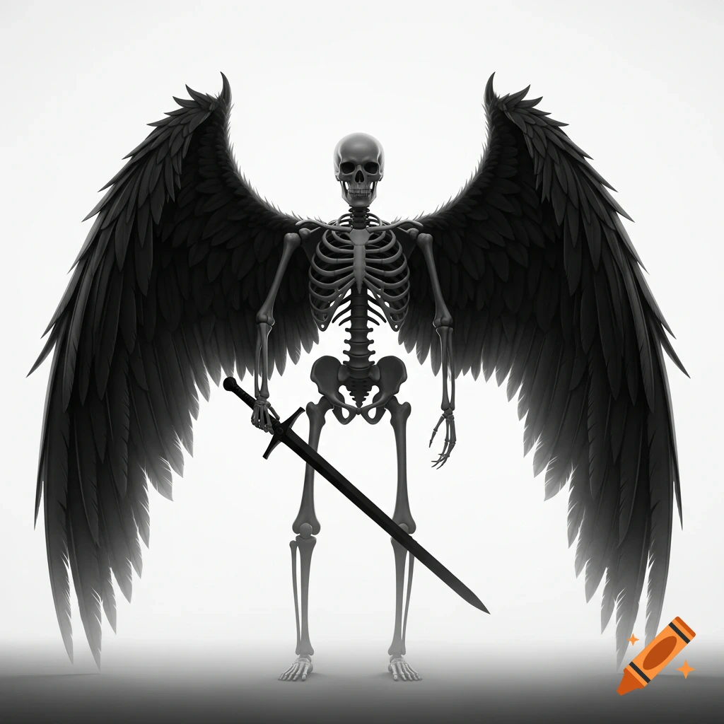 A menacing skeleton with large dark grey wings stands in a white void, holding a black sword.