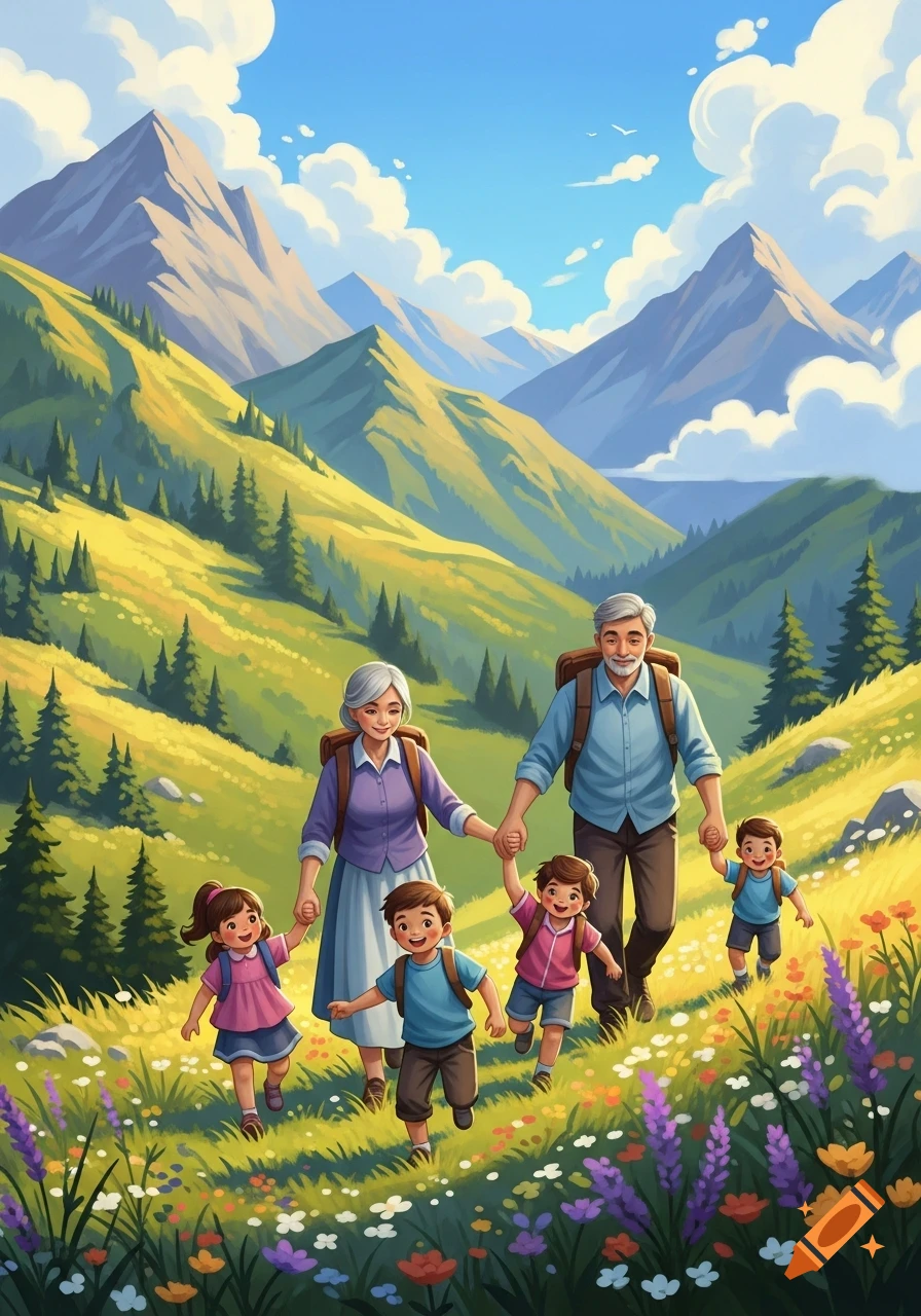 A cartoon illustration of a family, grandparents and four children, hiking through a vibrant green mountain landscape with wildflowers.