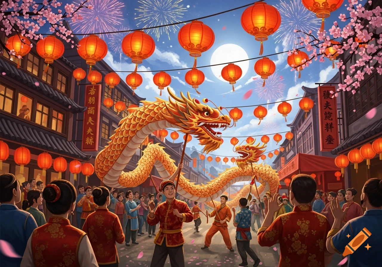 A vibrant Chinese New Year street scene with golden dragon dances, red lanterns, fireworks, and a crowd celebrating.