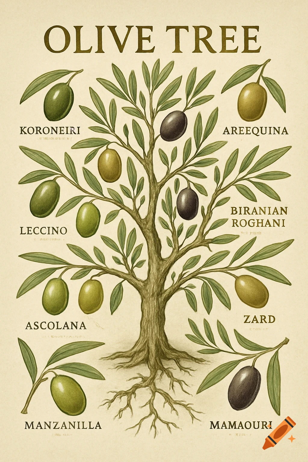 An infographic illustrating an olive tree with various olive varieties depicted on its branches and roots, labeled with their names.