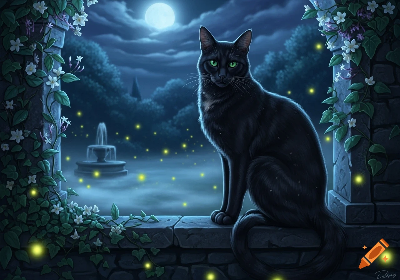 A black cat with green eyes sits on a stone wall covered in white flowers, under a full moon, with a fountain and fireflies in the misty night garden, digital art.