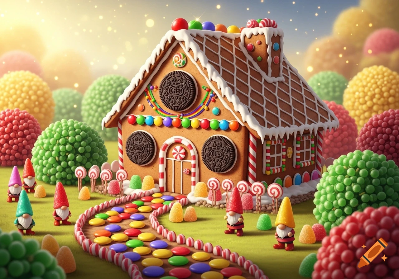 A whimsical gingerbread house covered in candy, with a colorful candy path, surrounded by gumdrop bushes and tiny gnomes.