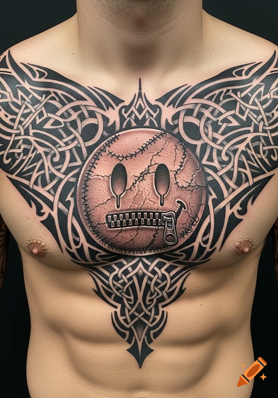 Close-up of a detailed black tribal tattoo covering a man's chest, featuring a central cracked brown face with hollow eyes and a zipper mouth.