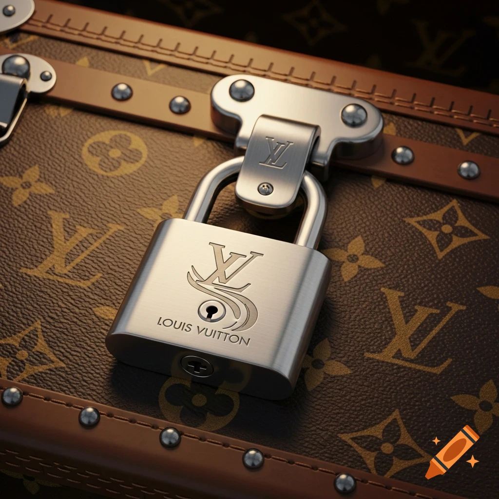 A detailed photorealistic close-up of a silver padlock on a brown Louis Vuitton monogrammed trunk.