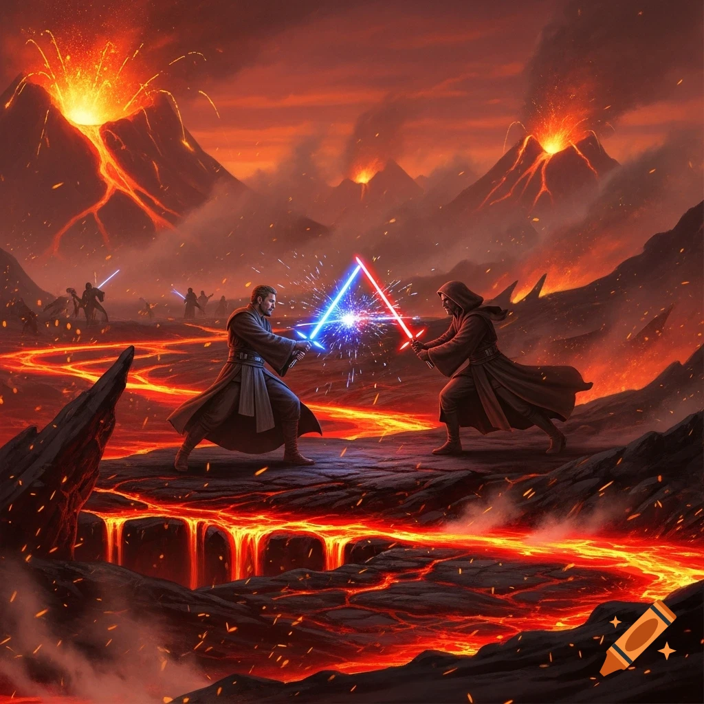 Two robed figures duel with blue and red lightsabers on a volcanic planet with erupting volcanoes and flowing lava.