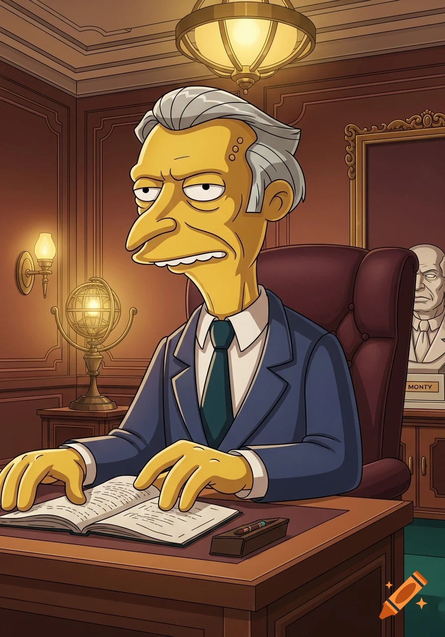 Mr. Burns from The Simpsons, with grey hair, sits at a wooden desk with an open book in a richly decorated office. A bust labeled 'MONTY' is in the background.