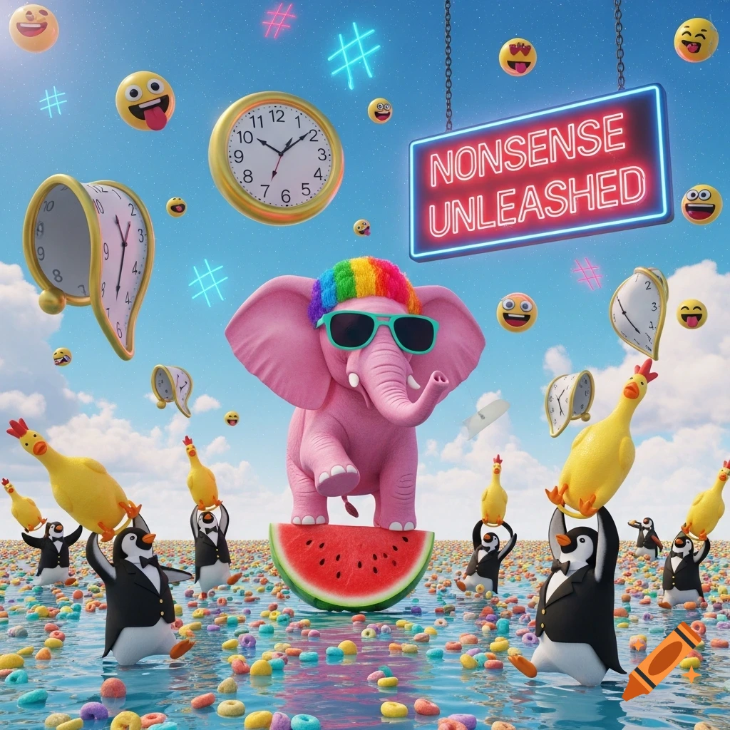 A whimsical scene with a pink elephant in a rainbow wig on a watermelon, surrounded by penguins, rubber chickens, melting clocks, emojis, neon hashtags, and a 'NONSENSE UNLEASHED' sign over a water and cereal landscape.
