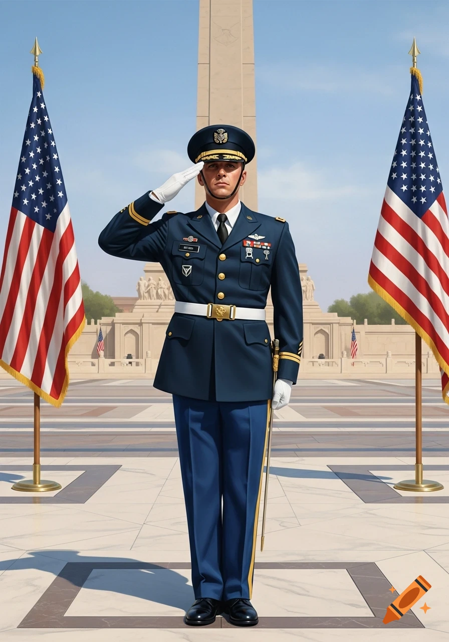 A photorealistic image of a military officer in a blue uniform saluting between two American flags, with a tall monument behind him.