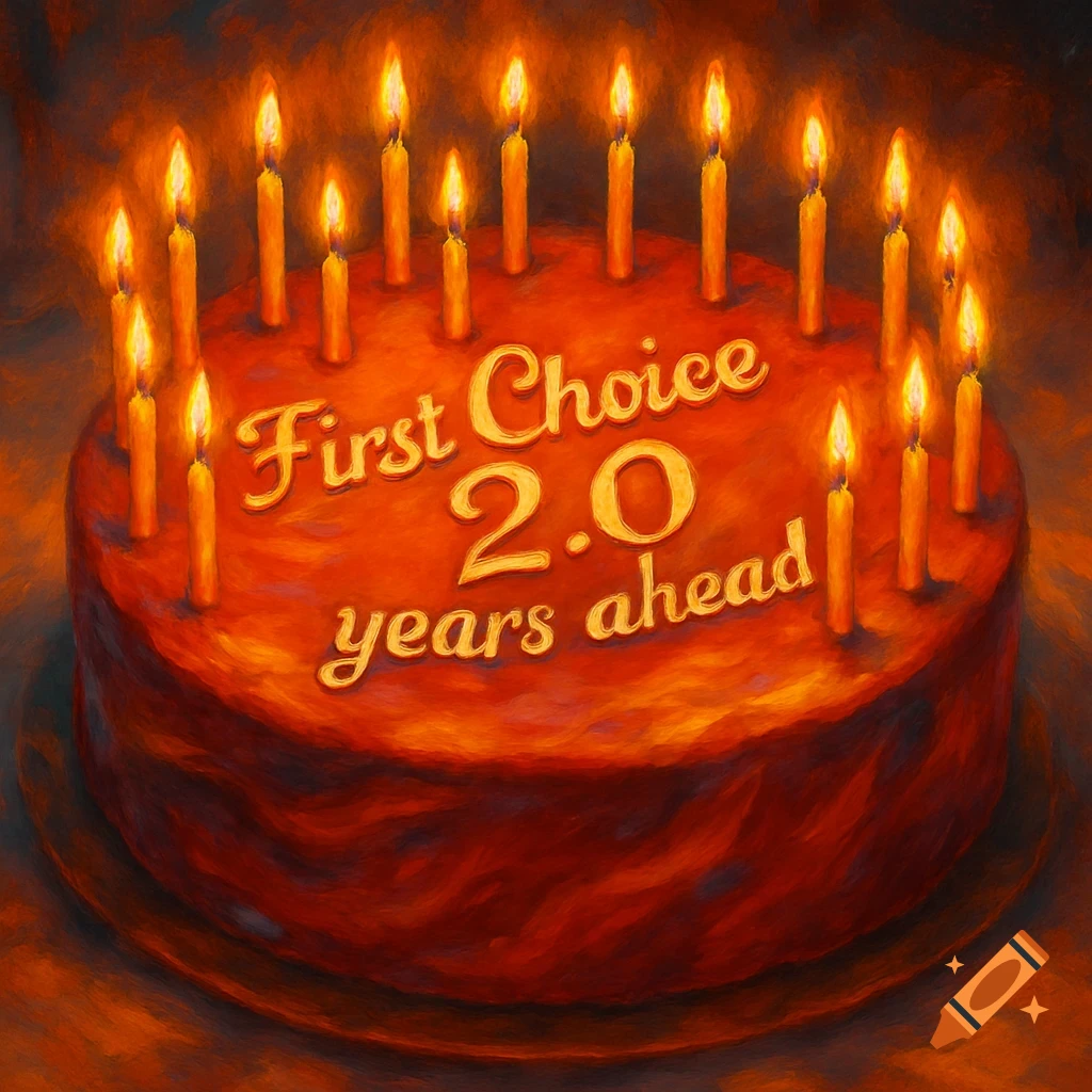 Red cake with twenty lit candles and 'First Choice 2.0 years ahead' text, in a warm, painterly style.