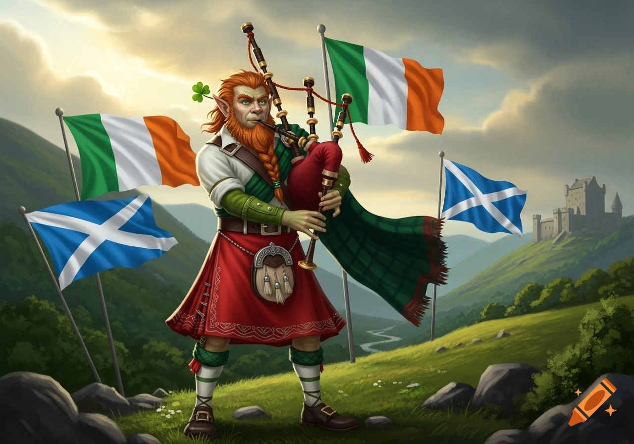 A red-bearded leprechaun plays bagpipes in a red kilt, with Irish and Scottish flags and a castle in a vibrant, green fantasy landscape.