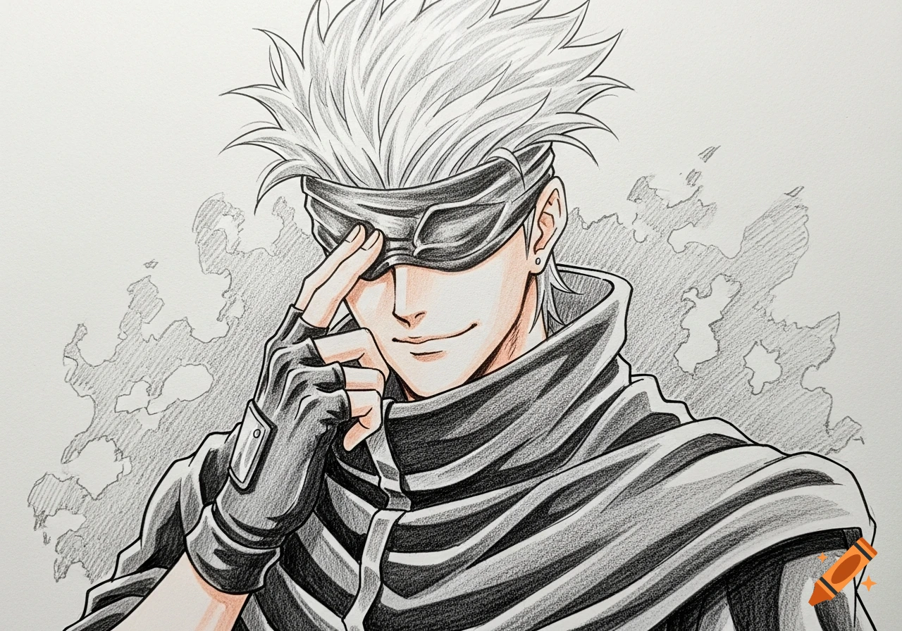 Pencil sketch of an anime character with spiky white hair, a blindfold, a black coat, and gloves, smiling while touching his blindfold.