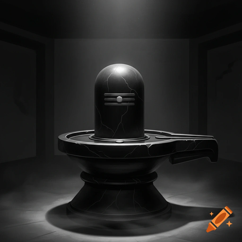 A dark stone Shiva Lingam with a Tripundra mark, softly illuminated by a dim light in a shadowy room.