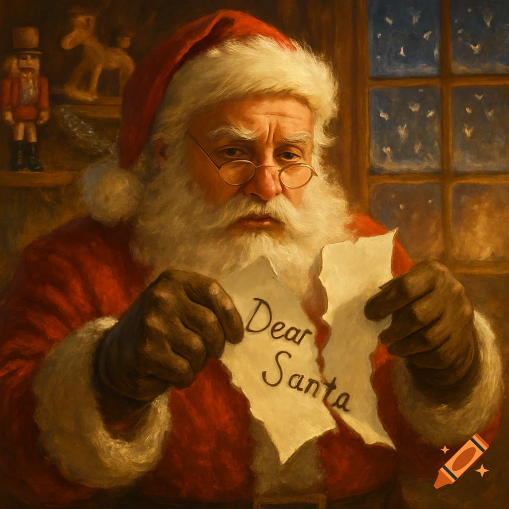 A painted Santa Claus with a sad expression rips a 'Dear Santa' letter, a nutcracker and window visible in the background.