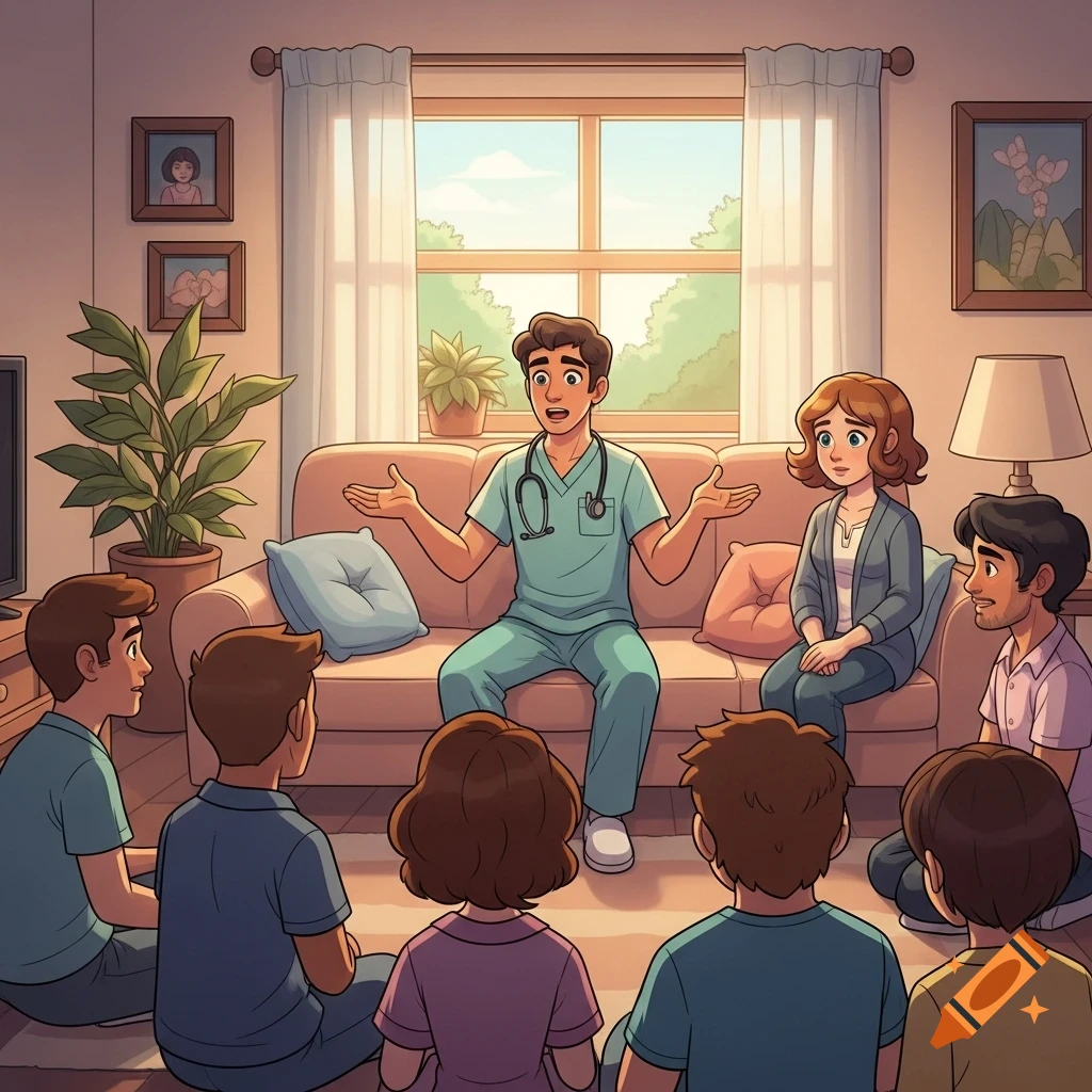 A cartoon male nurse in scrubs sits on a couch, gesturing while talking to a group of friends sitting on the floor in a living room.