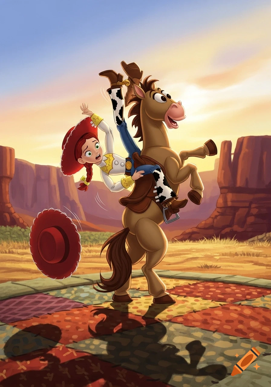Cartoon cowgirl Jessie falls backward off rearing horse Bullseye in a vibrant western landscape with canyons.