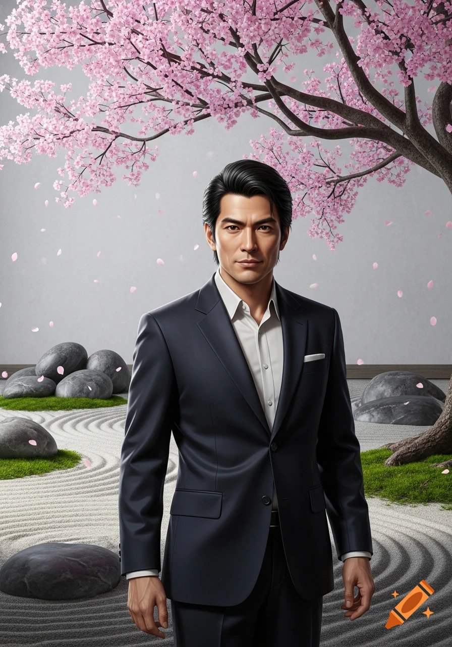 A handsome man in a dark suit stands in a photorealistic Japanese zen garden with pink cherry blossoms.