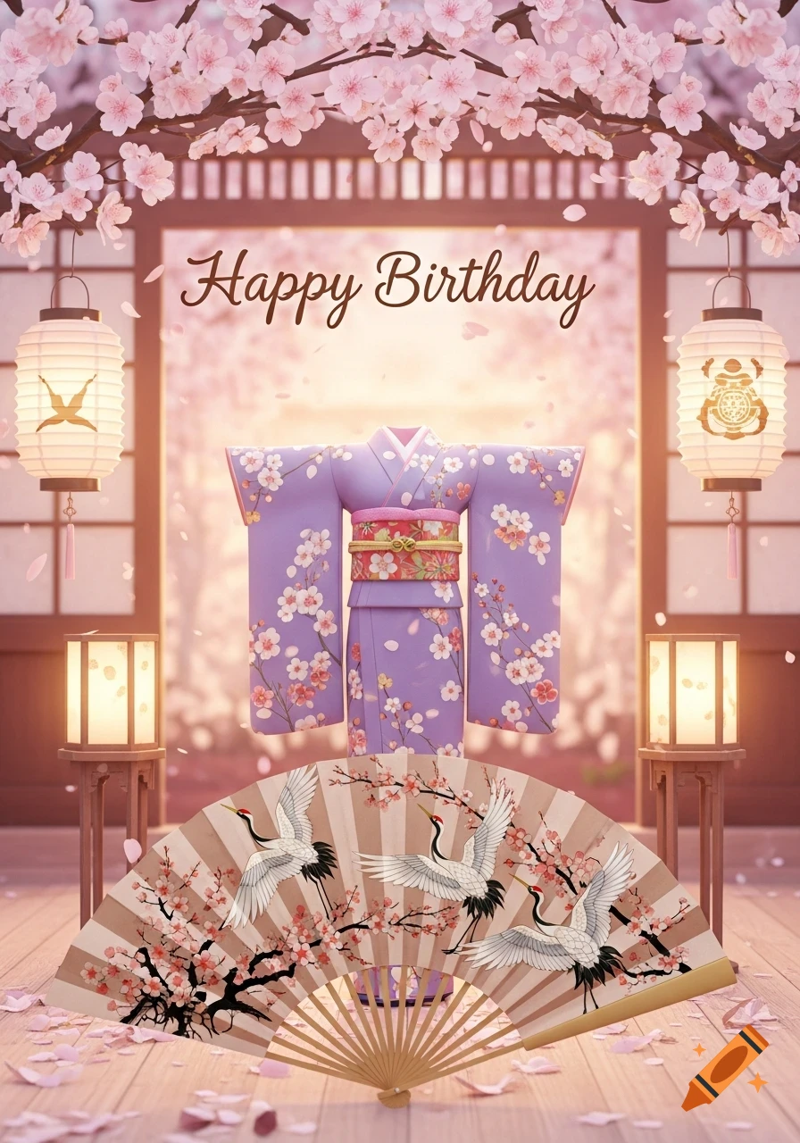 A lavender kimono, cherry blossoms, and lanterns frame a fan with cranes on a wooden floor with "Happy Birthday" text.