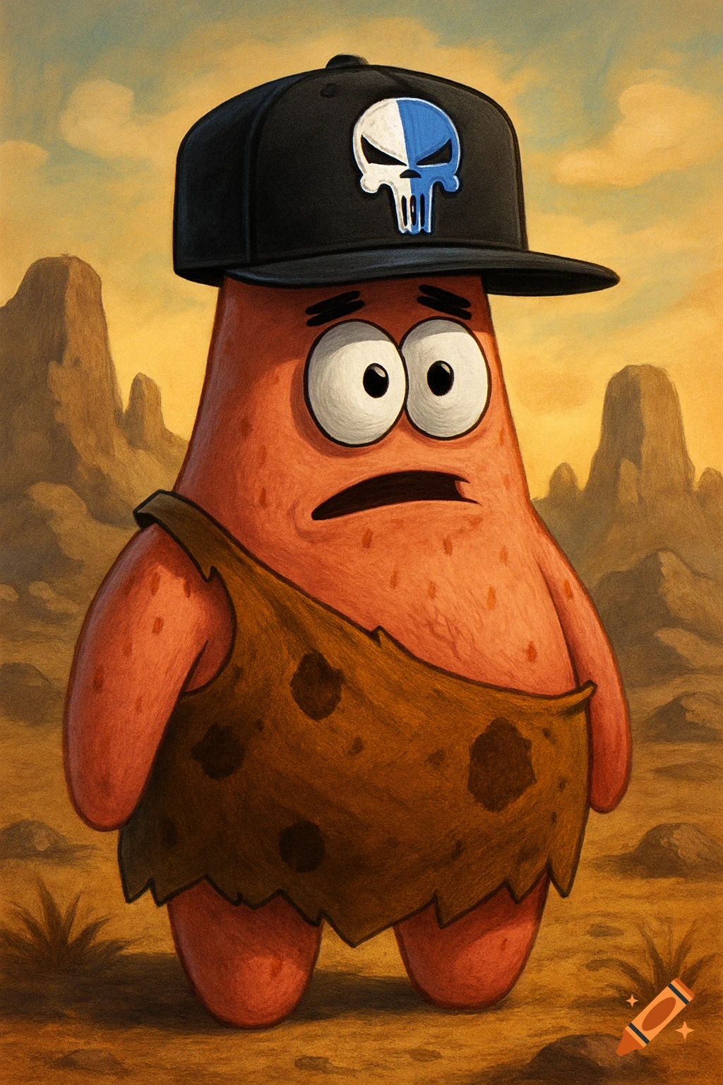 Caveman Patrick Star from SpongeBob SquarePants, wearing a black snapback with a blue and white skull logo, stands in a desert.