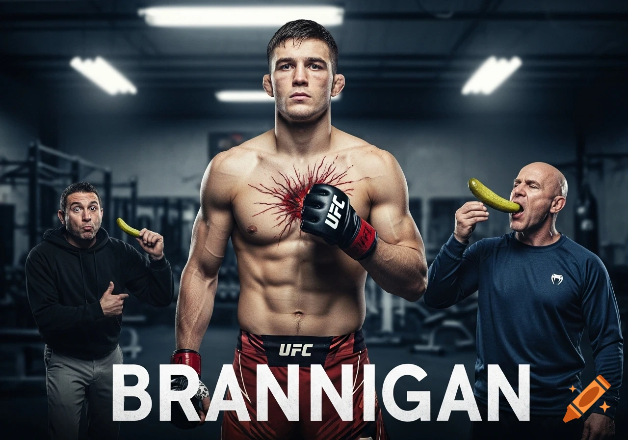 A muscular MMA fighter with a stylized chest injury stands centered in a gym, flanked by two men holding pickles, one eating it. Text 'BRANNIGAN' is at the bottom.