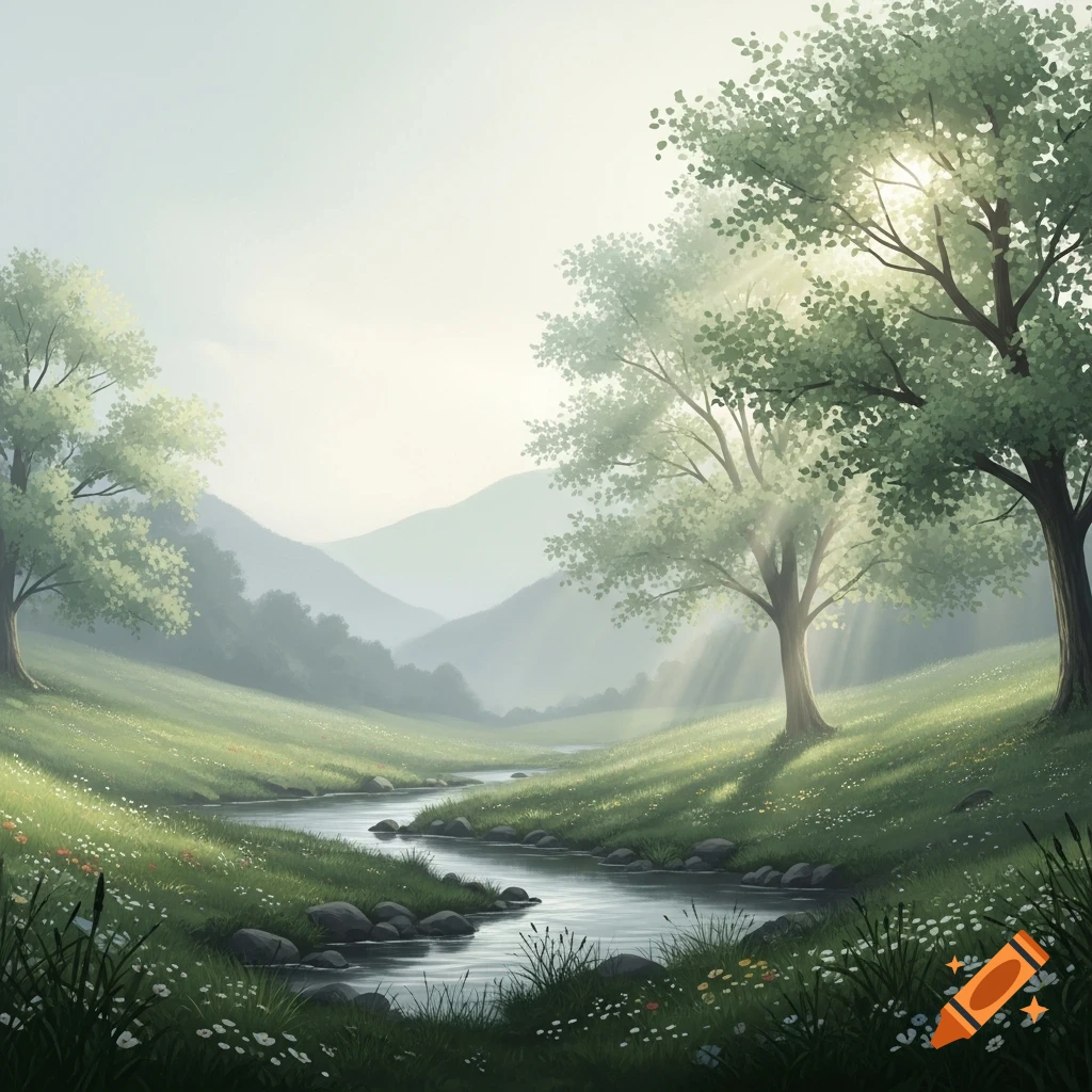 A serene, lush green valley with a winding river, trees on rolling hills, and hazy mountains in the background, with sunlight filtering through the trees.