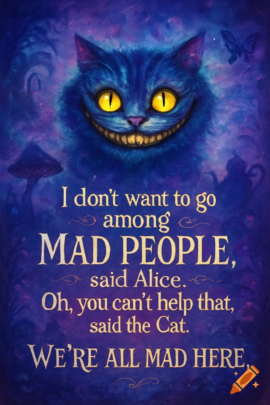 Stylized illustration of the Cheshire Cat with a wide grin and yellow eyes, set against a dark blue and purple fantasy background, featuring a quote from Alice in Wonderland.