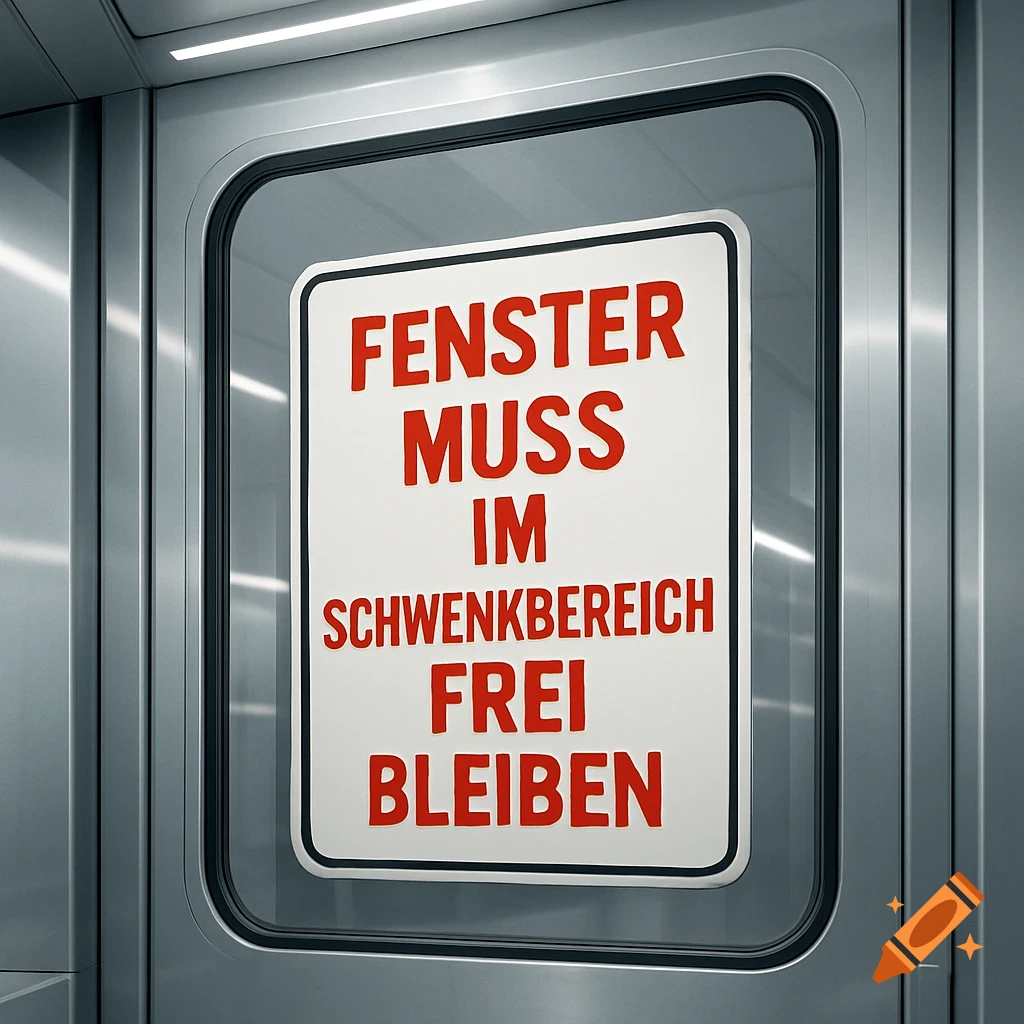 A white warning sign with red German text 'FENSTER MUSS IM SCHWENKBEREICH FREI BLEIBEN' on a metallic door.