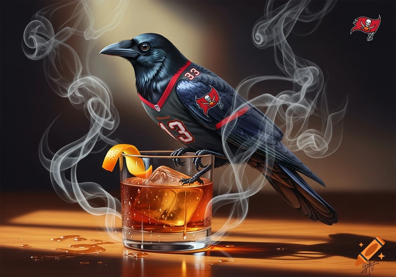 Stylized illustration of a black crow wearing a Tampa Bay Buccaneers jersey, perched on a whiskey glass with ice, orange peel, and smoke.