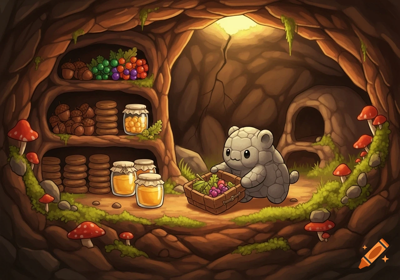 A cute, stone-like creature in a cozy cave, putting berries into a basket, with shelves of acorns, cookies, and honey jars. Illustration.