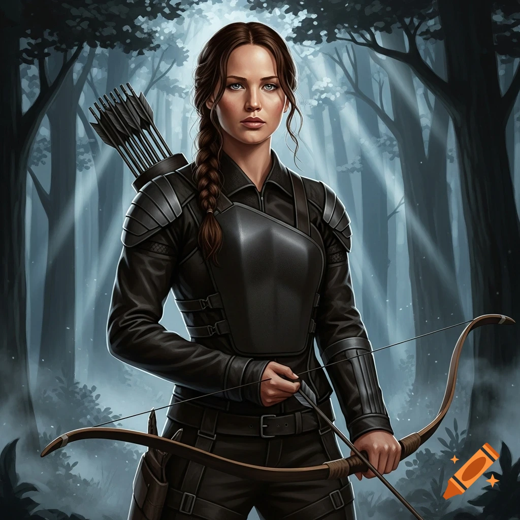 A young woman, Katniss Everdeen, in black armor with a quiver of arrows, holds a bow in a misty forest.