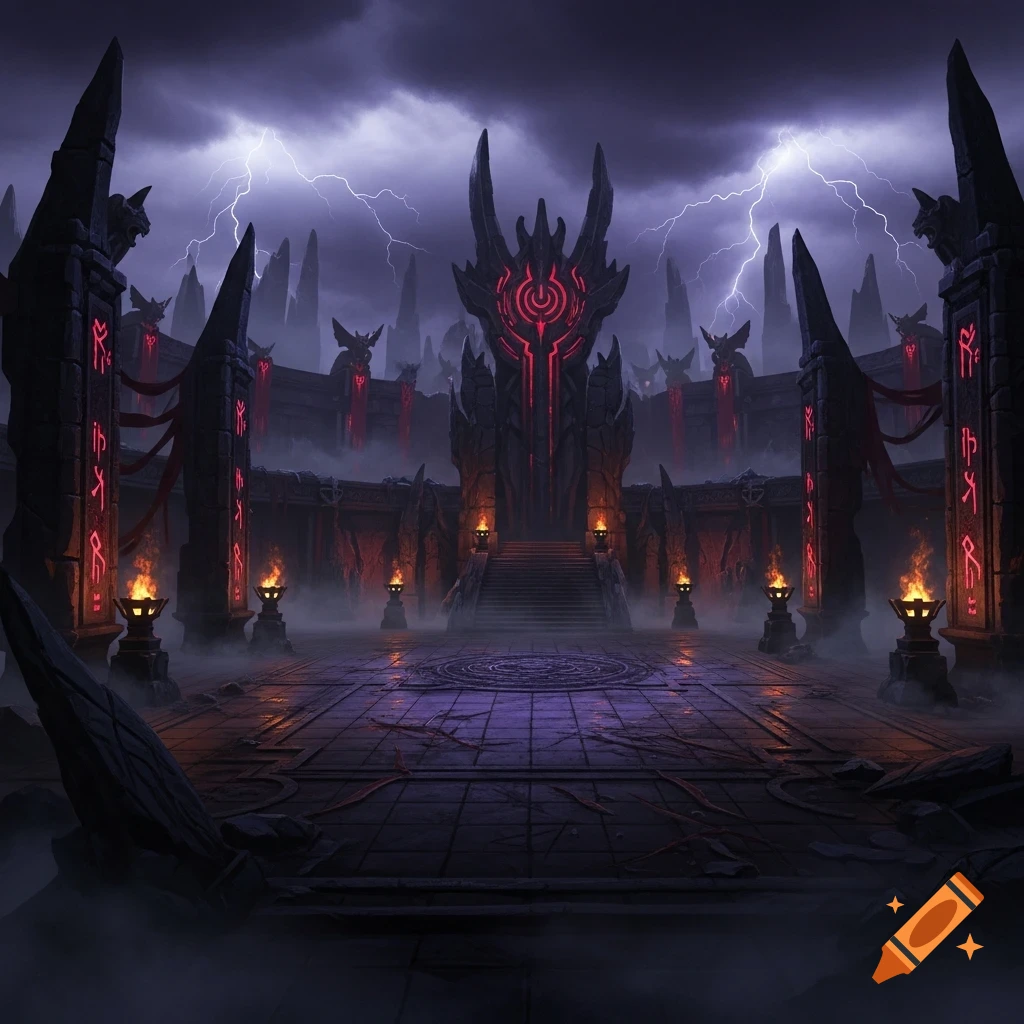 A dark, ominous fantasy arena with glowing red symbols, torches, and lightning in a stormy sky.