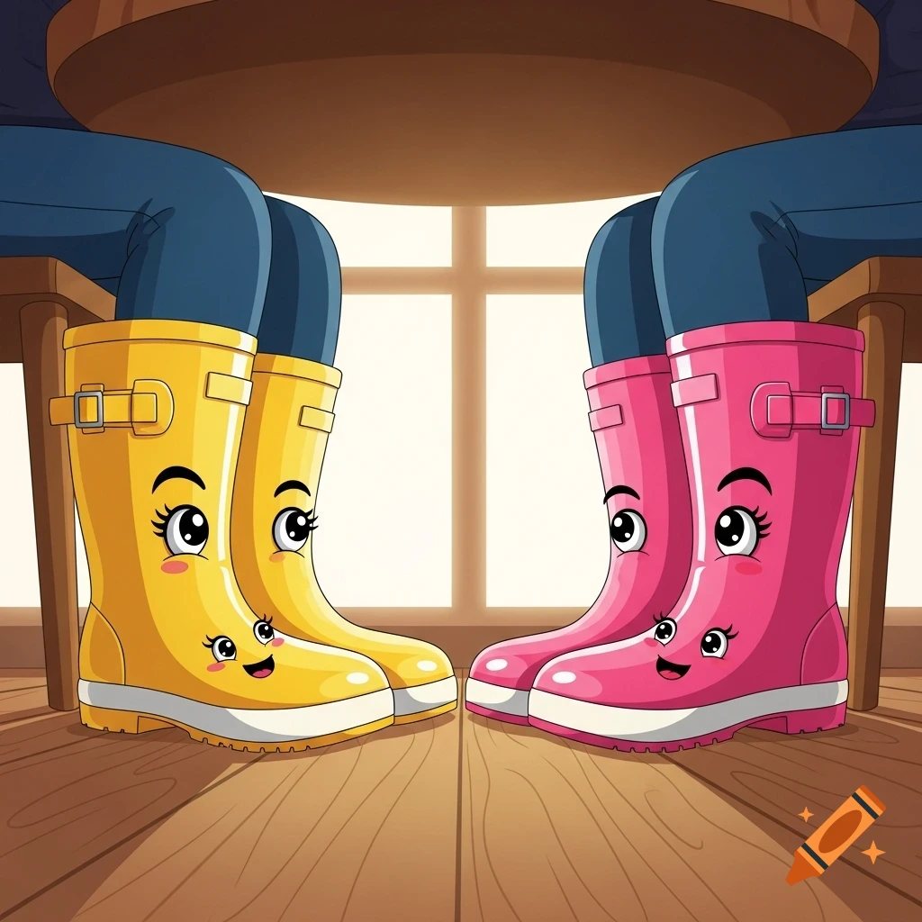 Cartoon illustration of anthropomorphic yellow and pink wellington boots with smiling faces under a wooden table.