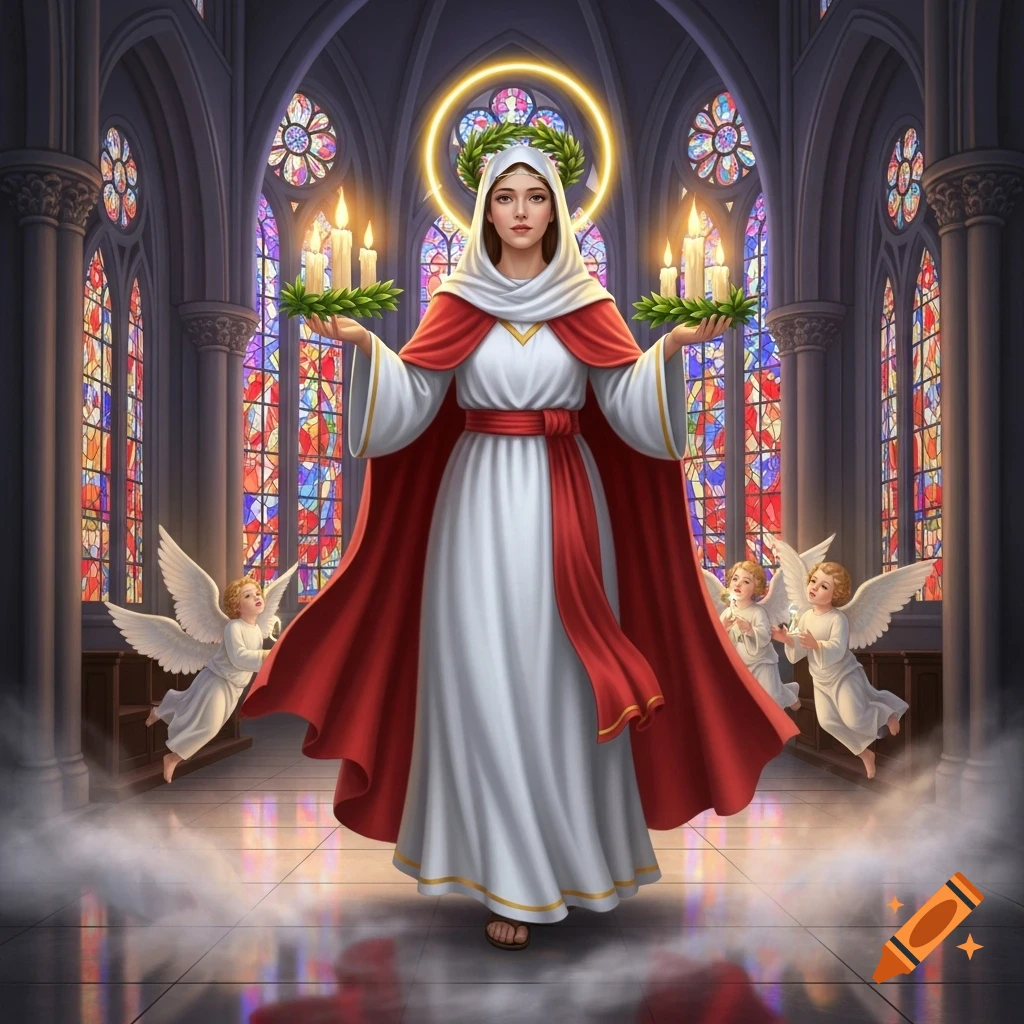 A majestic female figure in white and red robes, adorned with a halo and wreath, holds lit candles in a grand gothic church with vibrant stained-glass windows, flanked by flying cherubs.