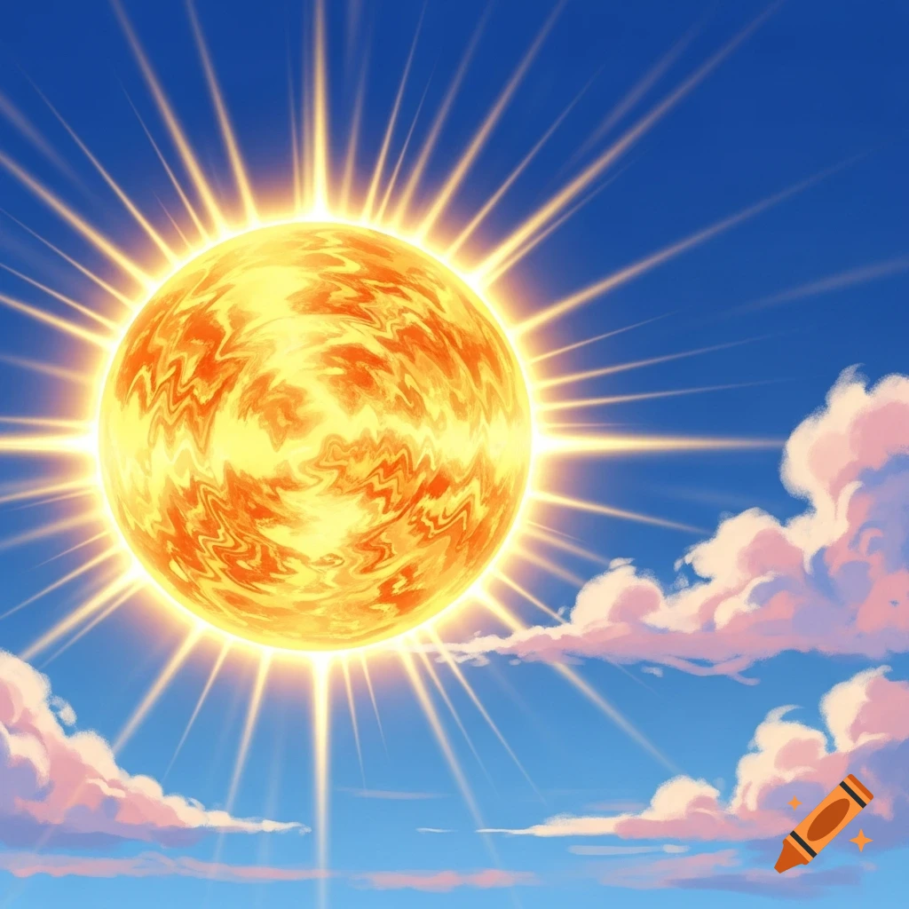A bright yellow sun with orange swirls and glowing rays in a vibrant blue sky with soft white and pink clouds.