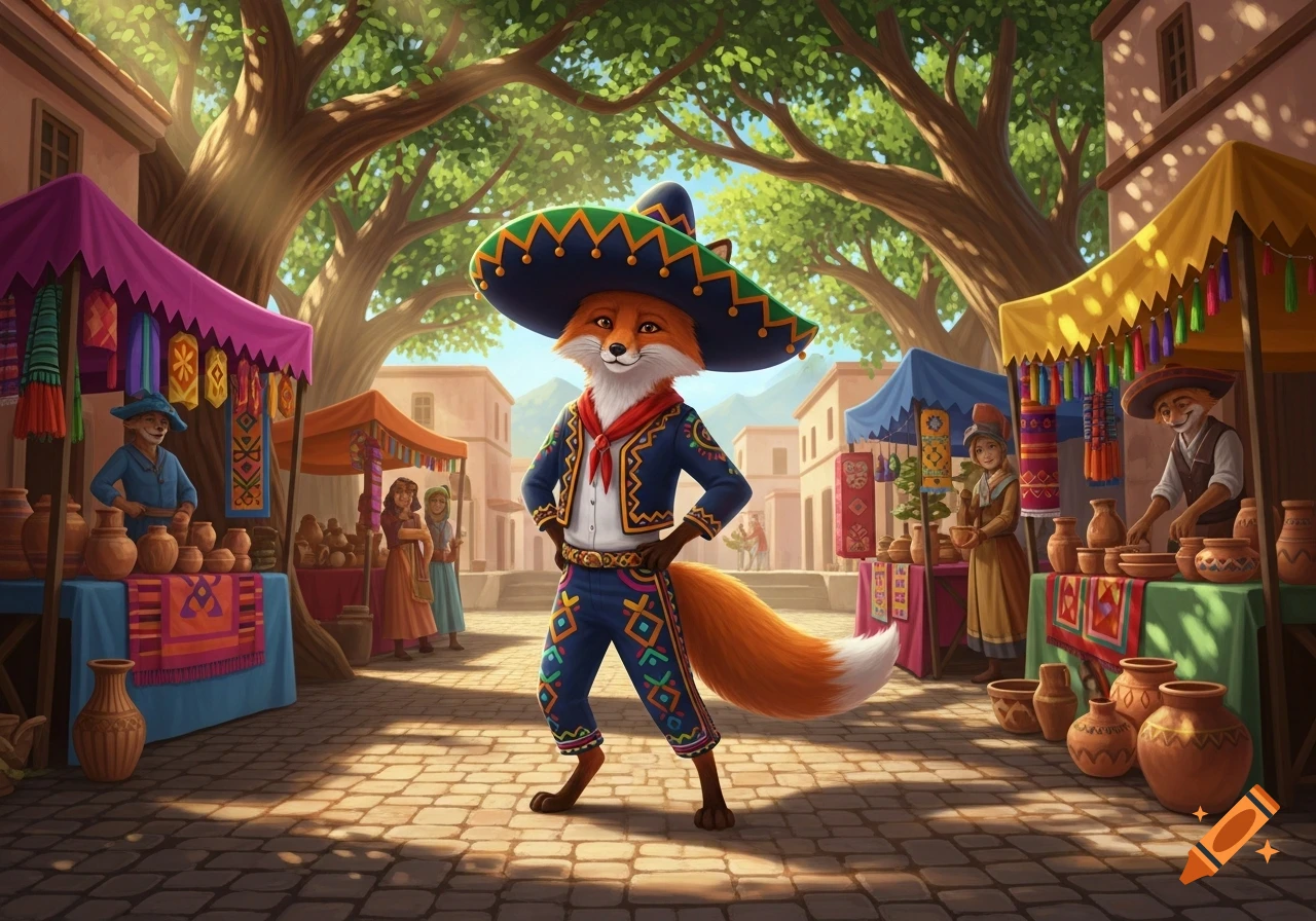 A confident cartoon fox in a large sombrero and charro suit stands in a vibrant Mexican market, surrounded by stalls.