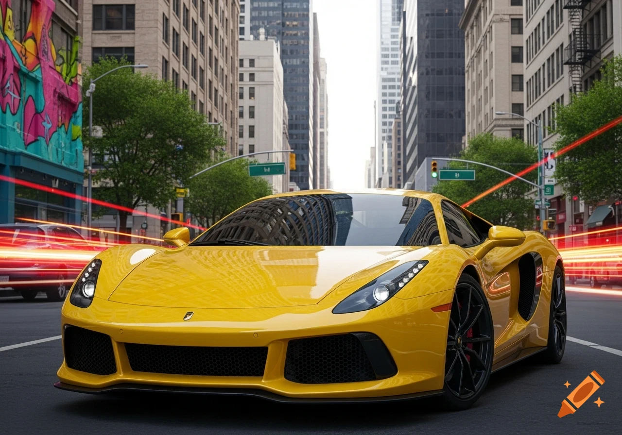 A bright yellow sports car drives down a city street with tall buildings and red light streaks.