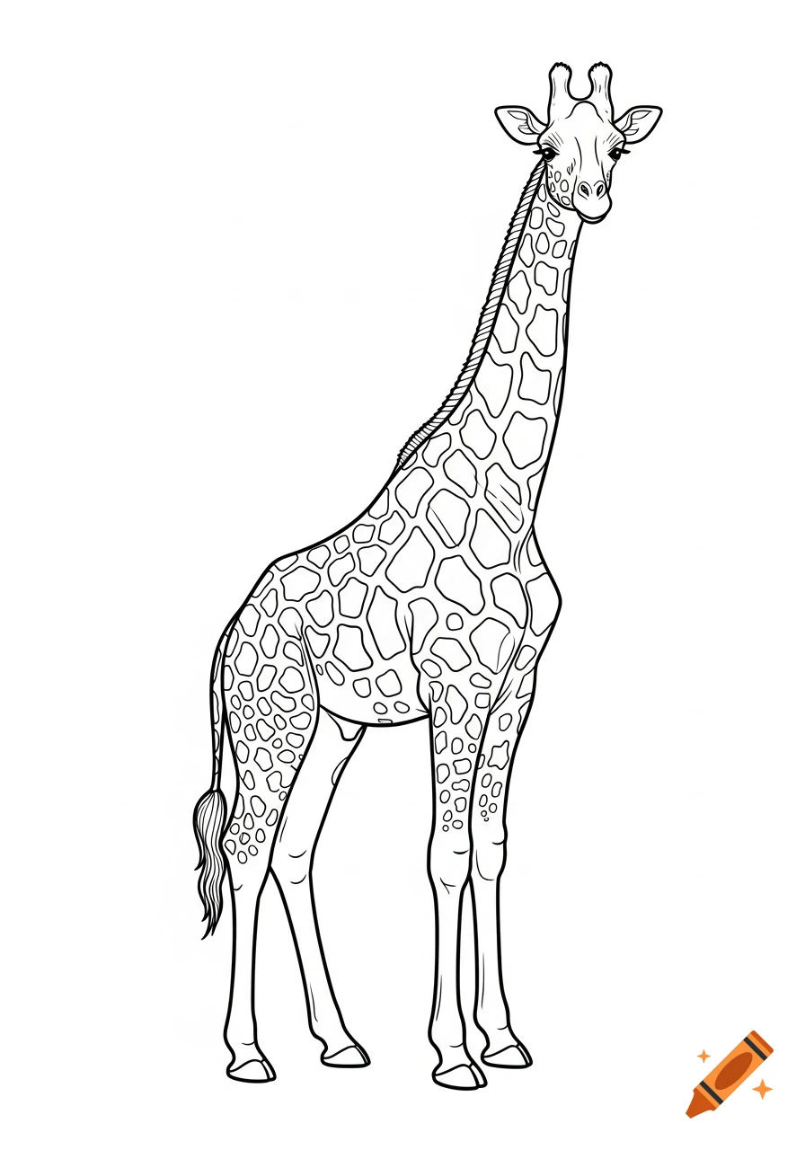 Black and white outline drawing of a giraffe standing, suitable for a coloring page.