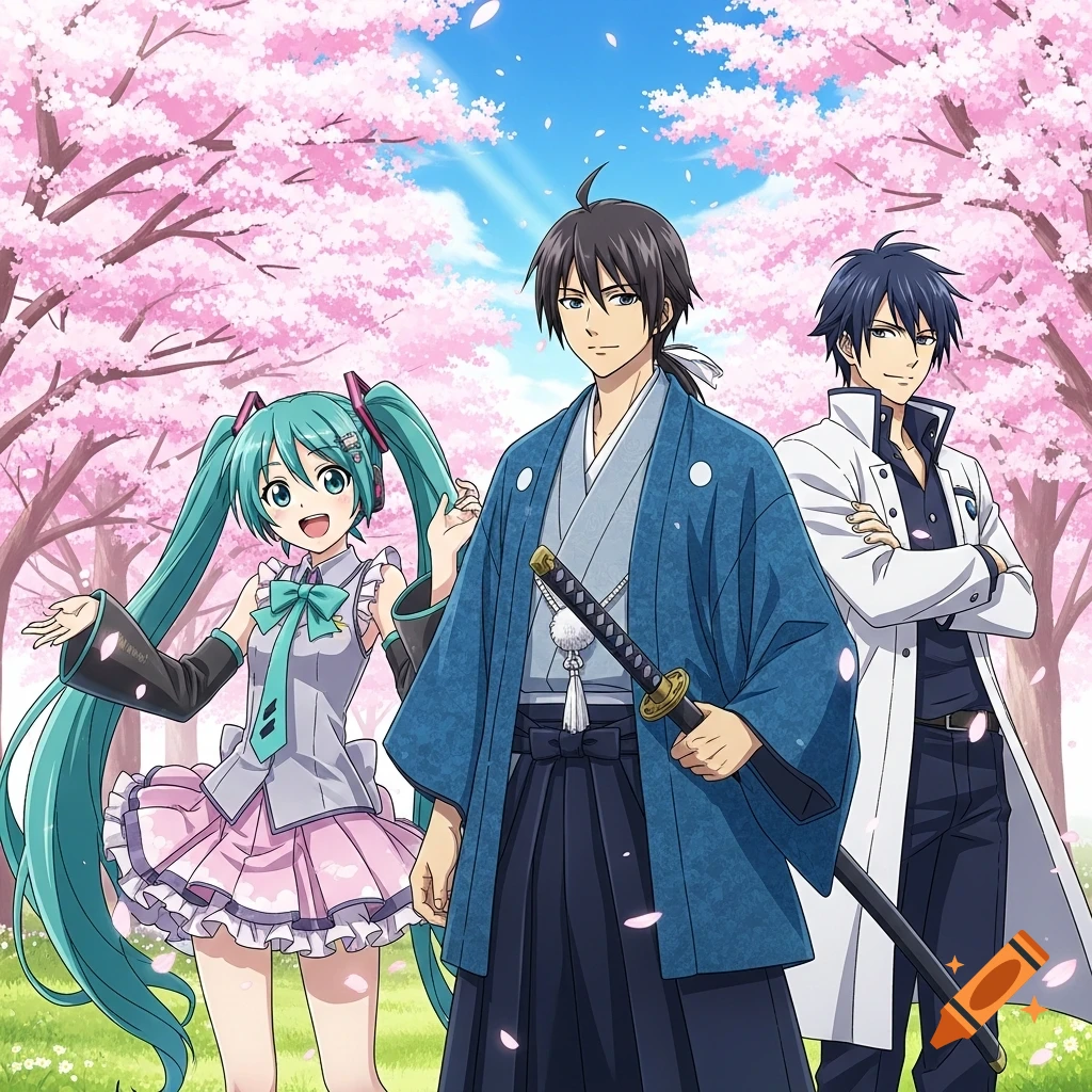 Anime characters Hatsune Miku, a man in a blue kimono with a katana, and a man in a white jacket, posing under pink cherry blossom trees.