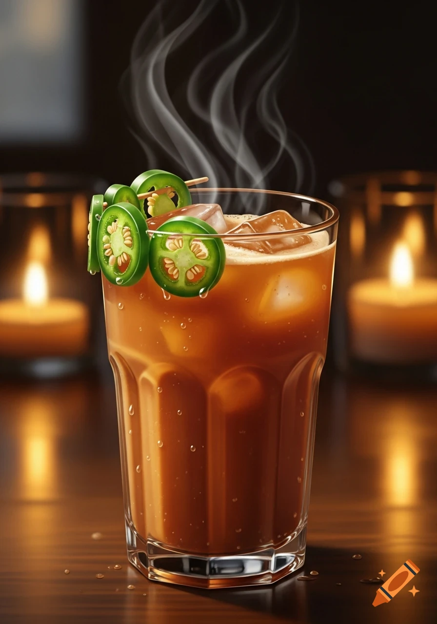 A steaming brown drink with ice and green jalapeno slices in a tall glass, set on a wooden table with blurred candlelight.