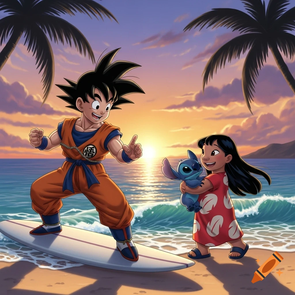 Kid Goku surfing on a beach with Lilo holding Stitch during sunset.