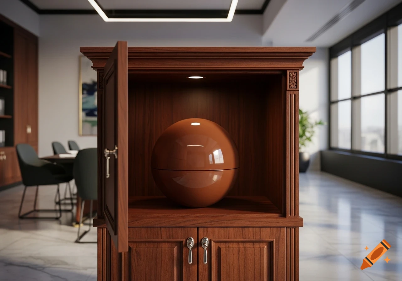 A glossy brown sphere sits inside an open wooden display cabinet in a modern office setting with large windows.