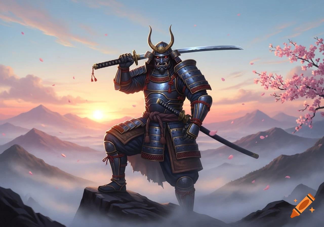 A stylized samurai in full armor stands atop a mountain, holding a katana on his shoulder, with a sunset and cherry blossoms in the background.