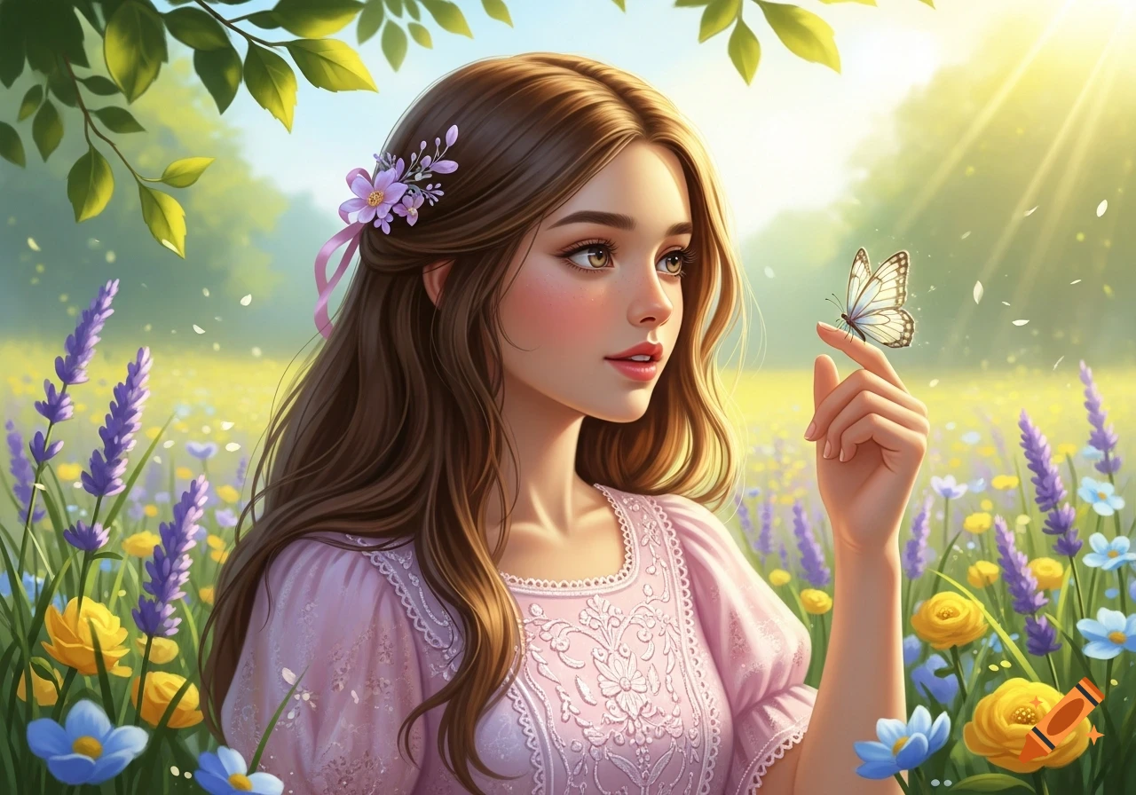 A beautiful animated girl with long brown hair, wearing a pink dress, in a sunlit field of lavender and yellow flowers, a butterfly on her finger.