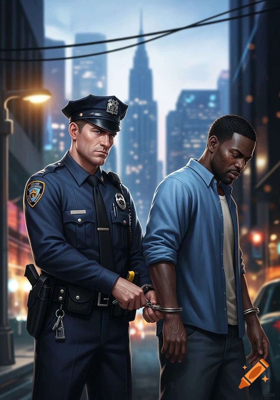 A police officer in a dark blue uniform places handcuffs on the wrist of a Black man, who looks down. A blurred city background is behind them.