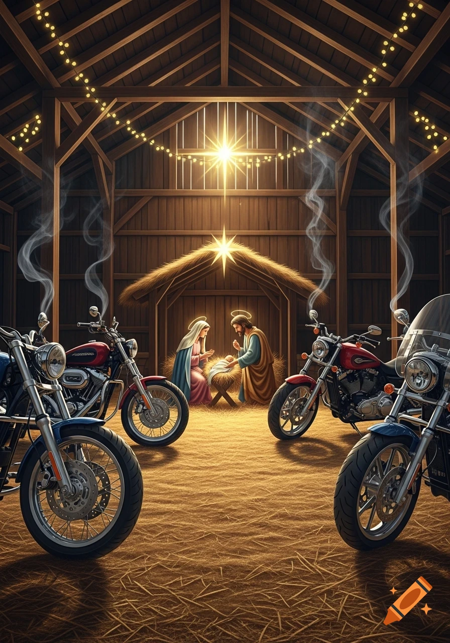 A nativity scene in a barn with Mary, Joseph, and baby Jesus, surrounded by several motorcycles, under string lights and a bright star.