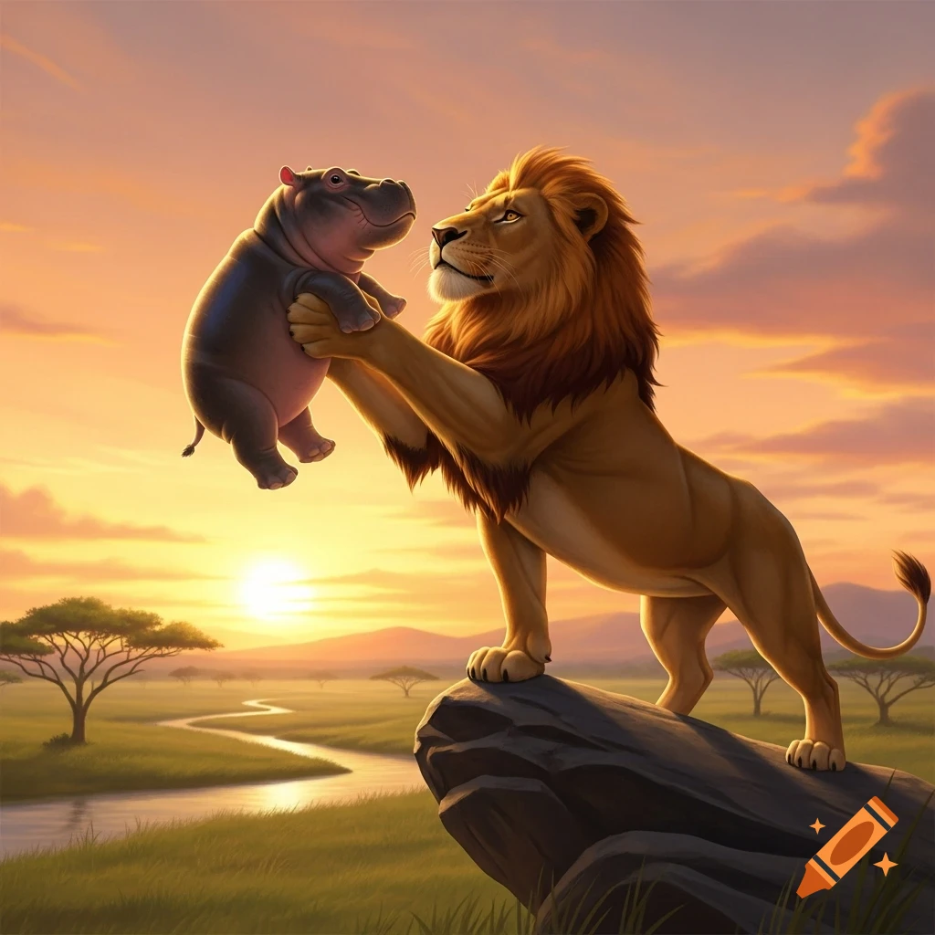 A majestic cartoon lion holds a tiny baby hippo aloft on a rock overlooking a vibrant savanna at sunset.