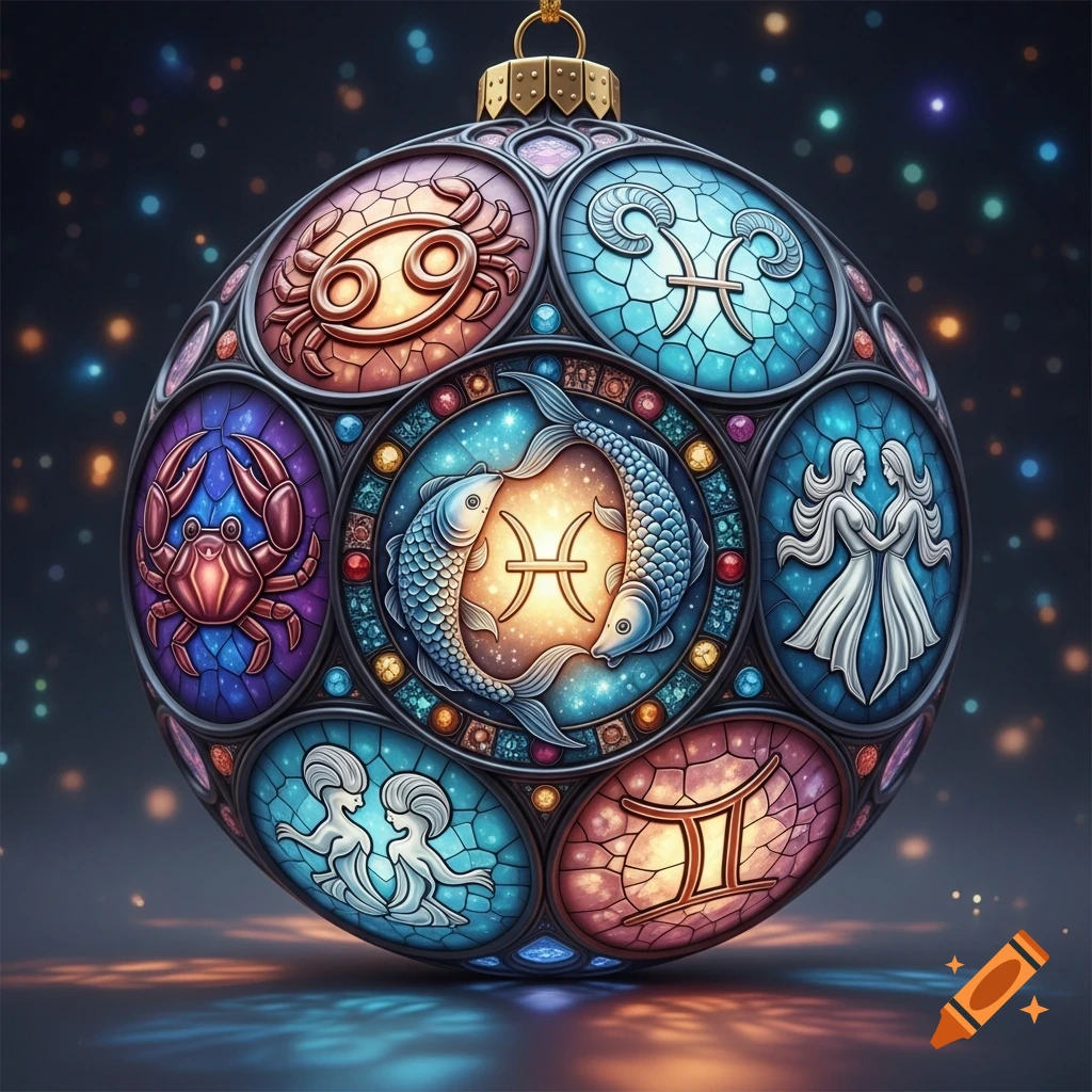 A detailed stained glass Christmas ornament with colorful zodiac signs like Cancer, Pisces, and Gemini, glowing against a dark, sparkling background.