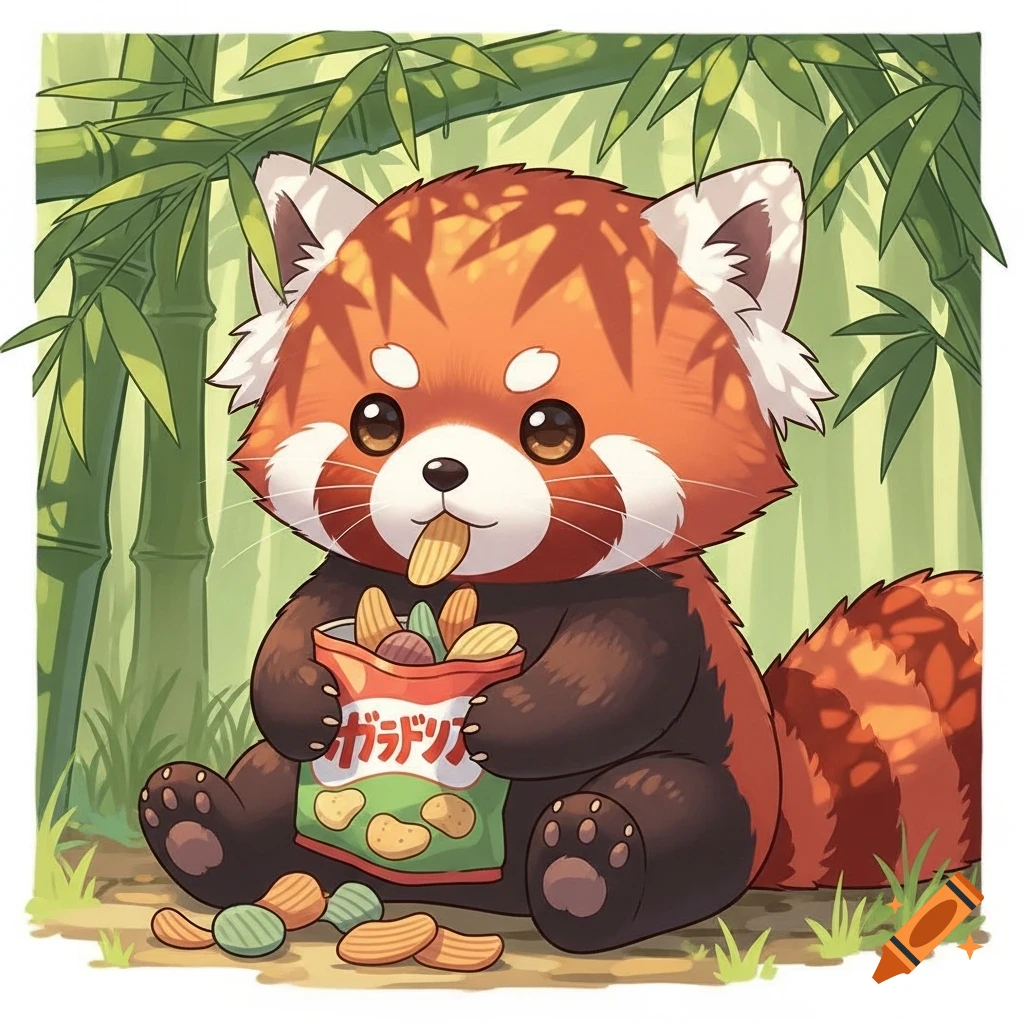Cute anime red panda sitting with a bag of chips, eating one, in a bamboo forest.