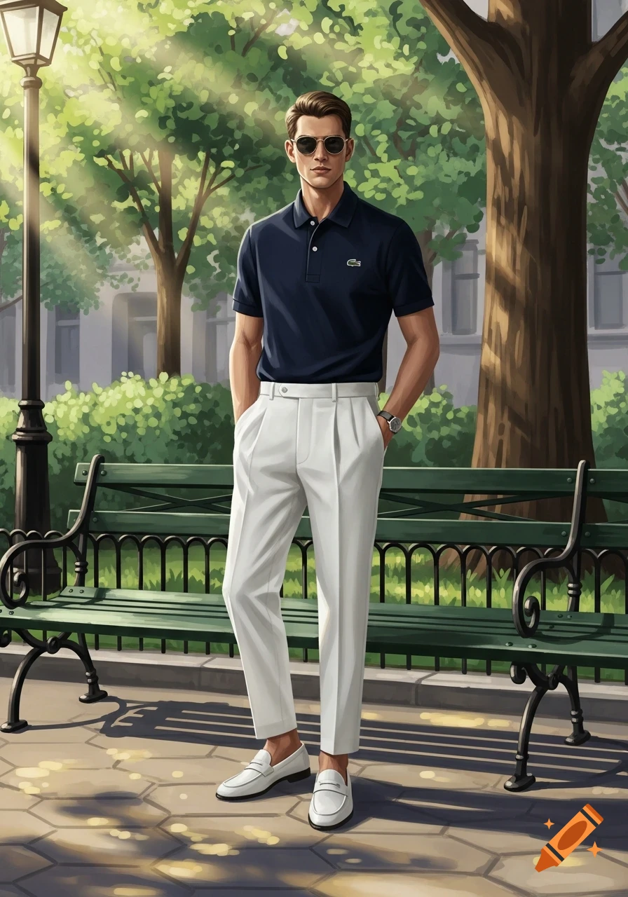 A stylish man in a navy Lacoste polo shirt, white pleated trousers, and white loafers stands in a sunny park with a green bench.